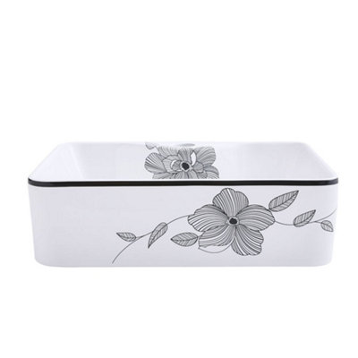 Rectangular Rounded Corners White Ceramic Flower Texture Countertop Basin Bathroom Sink W 480 mm