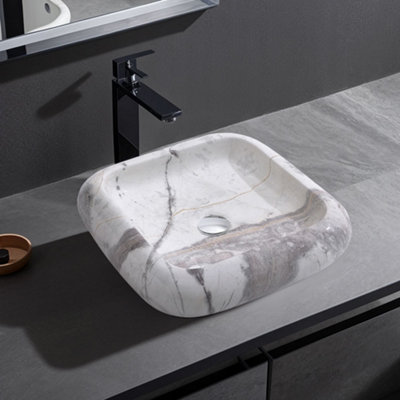 Rectangular Rounded Corners White Ceramic Marble Effect Texture Countertop Basin Bathroom Sink W 460 mm
