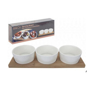 Rectangular Serving Tray Bamboo Board Tray With 3 Round Ceramic Tapas Dish Bowls