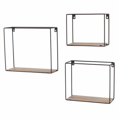 Rectangular Set of 3 Display Wall Shelf Set - Black Metal/Wood Effect