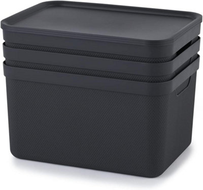 Rectangular Storage Boxes, Rotho Storage 3-Set, 16L with Lid, Black