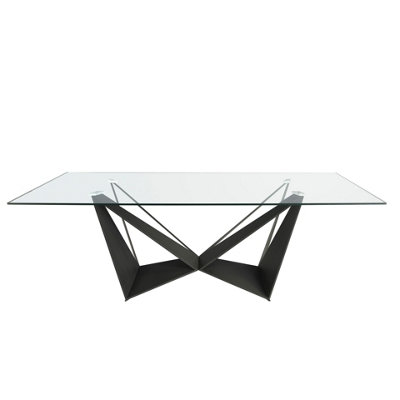 Rectangular tempered glass and black steel dining table