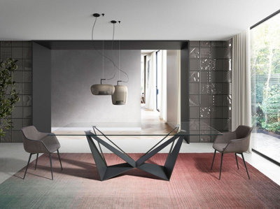 Rectangular tempered glass and black steel dining table