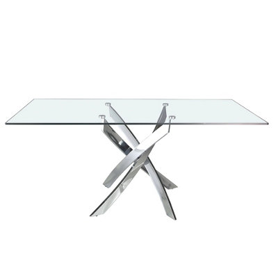 Rectangular tempered glass and chrome-plated steel dining table