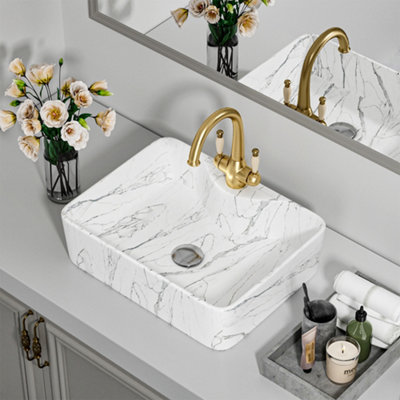 Rectangular White Ceramic Marble Effect Texture Countertop Basin Bathroom Sink W 480mm x D 370mm