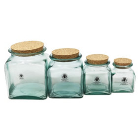 Recycled Glass Clear Kitchen Dining Mixed Set of 4 Squared Jars w/ Corks 250ml, 500ml, 1.1L, 1.5L