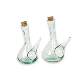 Recycled Glass Set of 2 Spanish Porron decanter/Pourers with cork 750 & 500 ml
