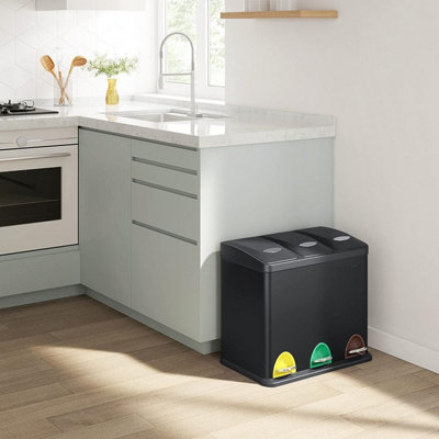 Recycling Bin 3 in 1 Pedal Bin 24 Litre Metal Rubbish Bin Waste Separation System Dustbin