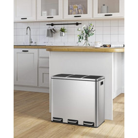 Recycling Bin, Trio Trash Can, 3 x 18L, with 3 Compartments, Soft-closing Lids, Pedals, Fingerprints Proof Stainless Steel