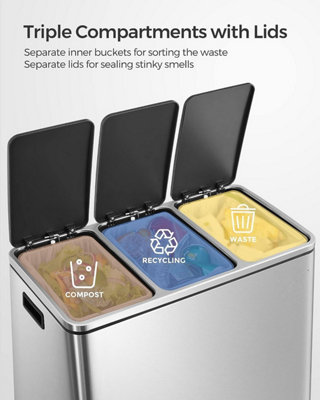 Recycling Bin, Trio Trash Can, 3 x 18L, with 3 Compartments, Soft-closing Lids, Pedals, Fingerprints Proof Stainless Steel
