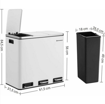 Recycling Bin, Triple Trash Can, 3 x 18L, Pedal Bin with 3 Compartments ...
