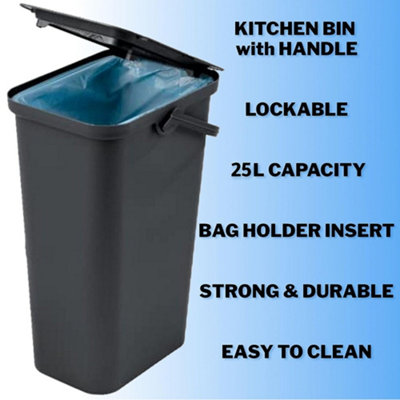 Moda Recycling Bin With Handle 40L Plastic Slim Kitchen Bin With Lift Top Lid Locking Handle For Storage Recycled Rubbish Organiser Container Dustbin Black