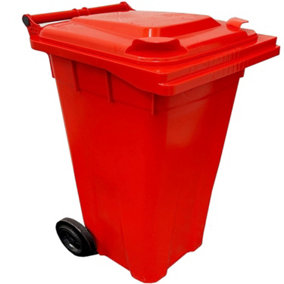 Red 240L Standard Sized Outdoor Recycling Wheelie Bin With Rubber Wheels & Lid