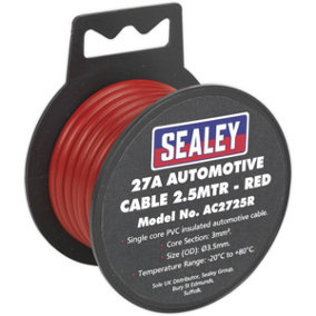 Red 27A Thick Wall Automotive Cable - 2.5m Reel - Single Core - PVC Insulated