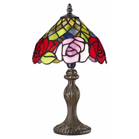 Red and Pink Rose Decorated Stained Glass Tiffany Lamp