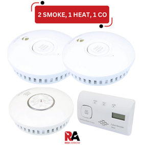 Red Arrow Battery Operated Smoke Detectors Heat Alarm & Carbon Monoxide Detector RF Interconnect : 2 Smoke / 1 Heat / 1 CO