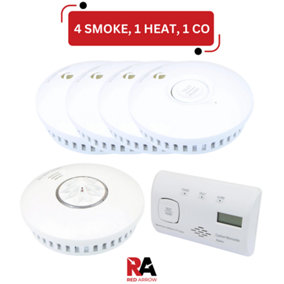 Red Arrow Battery Operated Smoke Detectors Heat Alarm & Carbon Monoxide Detector RF Interconnect: 4 Smoke / 1 Heat / 1 CO