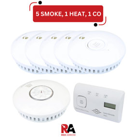Red Arrow Battery Operated Smoke Detectors, Heat Alarm & Carbon Monoxide Detector RF Interconnect: 5 Smoke / 1 Heat / 1 CO