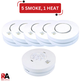 Red Arrow Mains Detectors  with Battery Back Up: 5 Smoke / 1 Heat