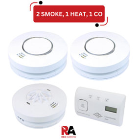 Red Arrow Mains Smoke Detectors & Heat Alarm RF Interconnect with Battery Back Up: 2 Smoke / 1 Heat / 1 CO