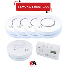 Red Arrow Mains Smoke Detectors & Heat Alarm RF Interconnect with Battery Back Up: 4 Smoke / 1 Heat / 1 CO