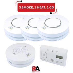 Red Arrow Mains Smoke Detectors & Heat Alarms RF Interconnect with Battery Back Up: 3 Smoke / 1 Heat / 1 CO