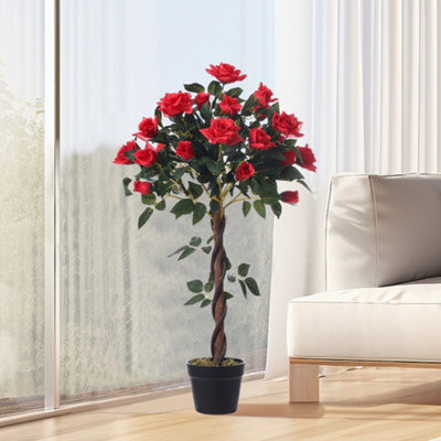 Red Artificial Rose Flower Tree Fake Plant House Plant in Black Pot H 90 cm