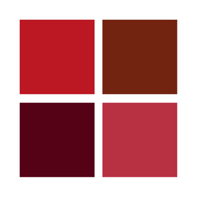 Colour swatch with four red tones, from letterbox red to deep burgundy.