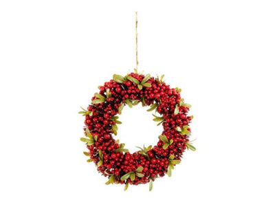 Red Berry & Green Leaf Wreath - 25cm Diameter (P032546)