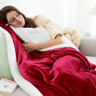 Red Blanket Sherpa Fleece Throw Sofa Bed Couch Double Blankets Soft Warm Thick Reversible Fluffy Anti Allergy Breathable Easy Care