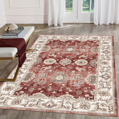 Red Bordered Floral Anti-Shed Rug For Bedroom, Living Room, 7mm Pile Stain-Resistant Traditional Rug - 120cm X 160cm