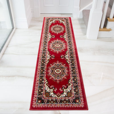 Red Bordered Traditional Living Room Runner Rug 60x240cm