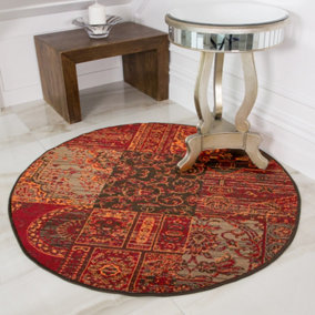 Red Brown Traditional Patchwork Living Room Round Circular Mat 120x120cm