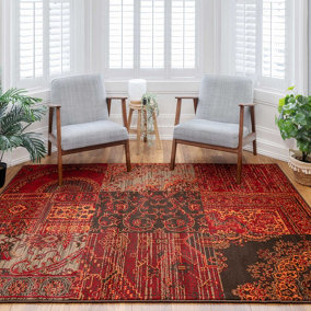 Red Brown Traditional Patchwork Living Room Rug 120x170cm