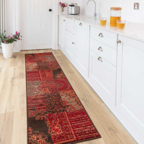 Red Brown Traditional Patchwork Living Room Runner Rug 60x240cm