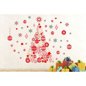 Red Christmas Tree and Colourful Snowflakes Stickers Xmas Wall and Window Decor
