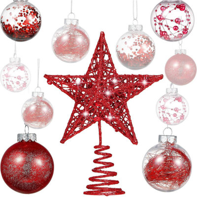 Red Christmas Tree Baubles and Star Decoration Set 24 Pieces Shatterproof
