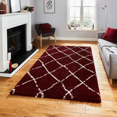 Red Cream Shaggy Geometric Moroccan Modern Rug for Living Room, Bedroom and Dining Room-120cm X 170cm
