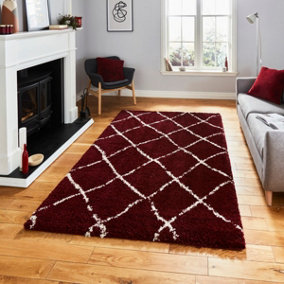 Red Cream Shaggy Geometric Moroccan Modern Rug for Living Room, Bedroom and Dining Room-120cm X 170cm