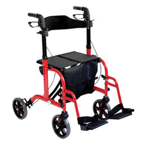 Red Deluxe Aluminium Rollator and Transit Chair 2-in-1 Dual Function Walker