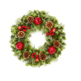 Red Dressed Artificial Christmas Wreath Door Decoration Apples Pine Cones 45cm