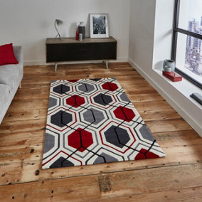 Red Easy to Clean Geometric Handmade Modern Acrylic Rug for Living Room, Bedroom - 7526 Cream/Red Rug - 90cm X 150cm