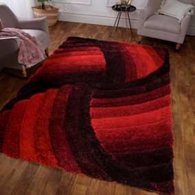 Red Easy to Clean Optical/(3D) Modern Shaggy Sparkle Abstract Rug for Living Room, Bedroom - 120cm X 170cm