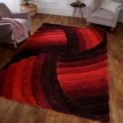 Red Easy to Clean Optical/(3D) Modern Shaggy Sparkle Abstract Rug for ...