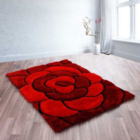 Red Easy to Clean Optical/(3D) Modern Shaggy Sparkle Floral Rug for Living Room, Bedroom - 120cm X 170cm