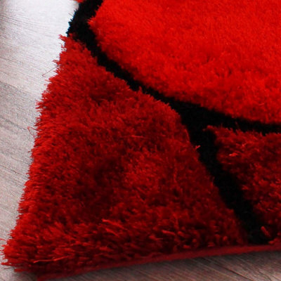 Red Easy to Clean Optical/(3D) Modern Shaggy Sparkle Floral Rug for Living Room, Bedroom - 160cm X 225cm