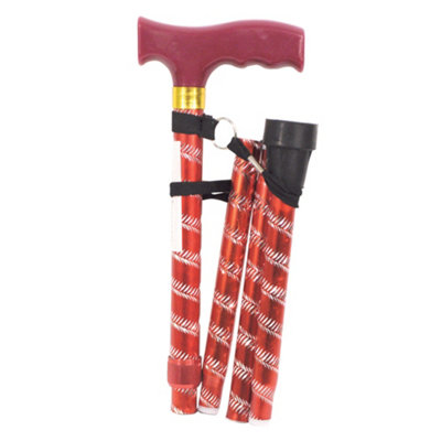 Red Extendable Walking Stick with Plastic Handle - Engraved Pattern - Foldable