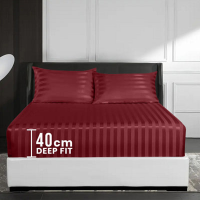 Red Fitted Sheet Soft Anti Allergy  Super King Size 40cm Extra Deep Stripe Bed Sheets Easy Care Washable