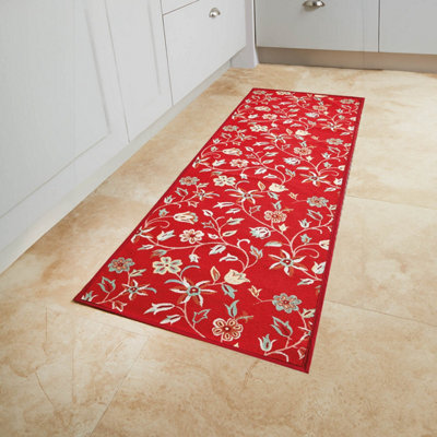 Red Floral Kitchen Runner Mat - Super Absorbent & Anti-Skid, L137 x D49cm