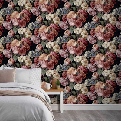 Red Floral Wallpaper Multi Textured Feature Wall